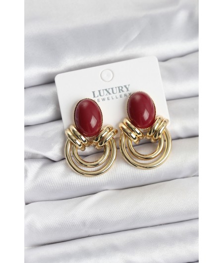 Erb Pirinç Gold Renk Bordo Taşlı Vintage Kadın Küpe