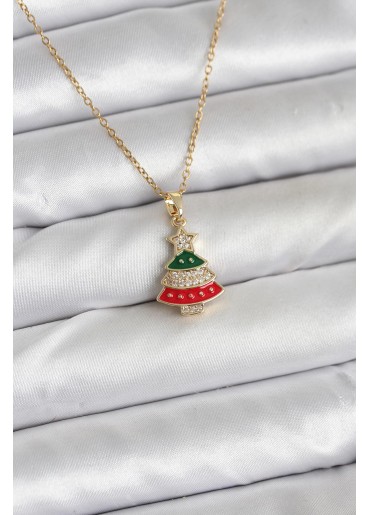 Erb 316L Çelik Zincir Gold Ren Çam Ağacı Model Zirkon Taşlı Yılbaşı Temalı Kadın Kolye