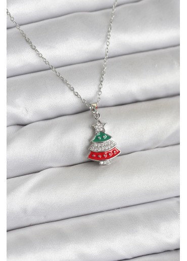 Erb 316L Çelik Zincir Gümüş Ren Çam Ağacı Model Zirkon Taşlı Yılbaşı Temalı Kadın Kolye