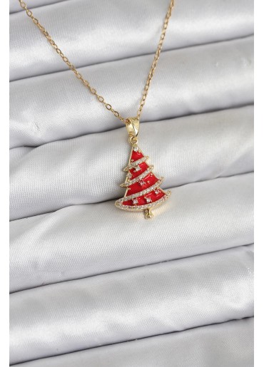Erb 316L Çelik Zincir Gold Renk Kırmızı Çam Ağacı Model Yılbaşı Temalı Kadın Kolye