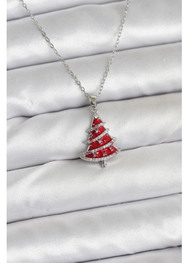 Erb 316L Çelik Zincir Gümüş Renk Kırmızı Çam Ağacı Model Yılbaşı Temalı Kadın Kolye