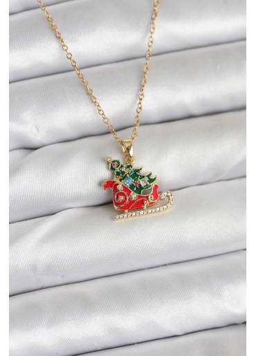 Erb 316L Çelik Zincir Gold Renk Kızak Ve Çam Ağacı Figürlü Yılbaşı Temalı Kadın Kolye