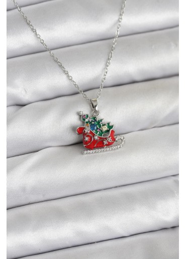 Erb 316L Çelik Zincir Gümüş Renk Kızak Ve Çam Ağacı Figürlü Yılbaşı Temalı Kadın Kolye