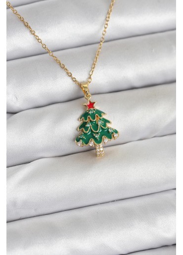 Erb 316L Çelik Zincir Gold Renk Çam Ağacı Model Yılbaşı Temalı Kadın Kolye