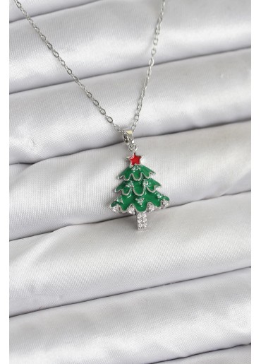 Erb 316L Çelik Zincir Gümüş Renk Çam Ağacı Model Yılbaşı Temalı Kadın Kolye