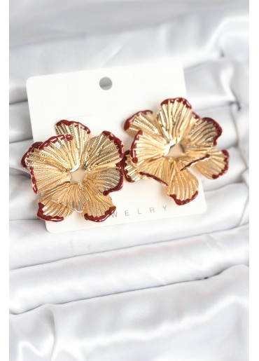 Erb Pirinç Gold Renk Bordo Renk Detaylı Lotus Kadın Küpe