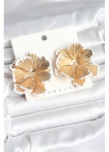 Erb Pirinç Gold Renk Beyaz Mine Detaylı Lotus Kadın Küpe