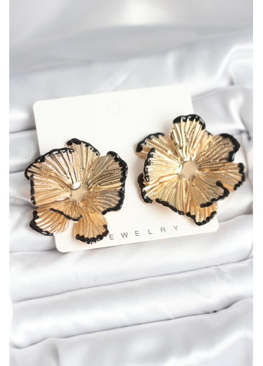 Erb Pirinç Gold Renk Siyah Mine Detaylı Lotus Kadın Küpe
