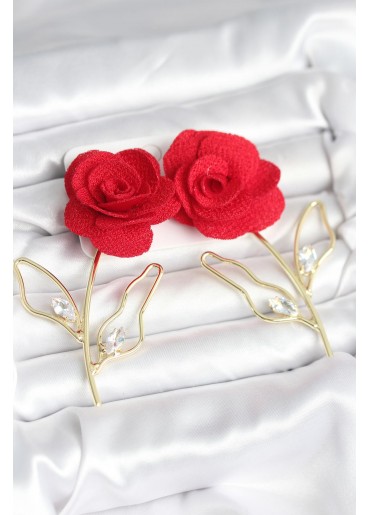 Erb Pirinç Gold Renk Kırmızı Gül Model Kadın Küpe