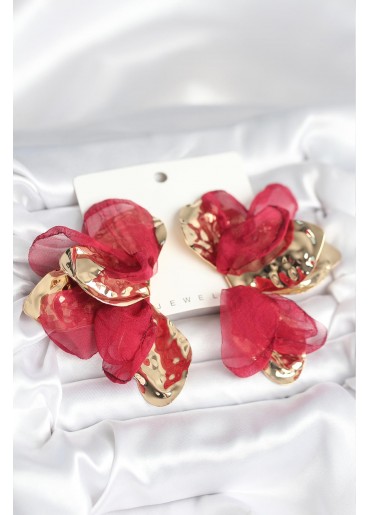 Erb Pirinç Gold Renk Bordo Tüllü Lotus Kadın Küpe