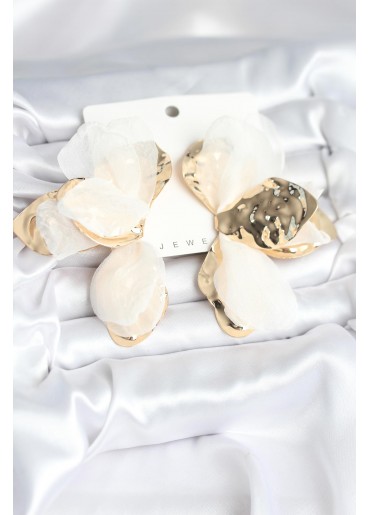 Erb Pirinç Gold Renk Beyaz Tüllü Lotus Kadın Küpe