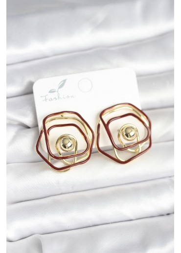 Erb Pirinç Gold Renk Bordo Mineli Geometrik Gül Model Kadın Küpe