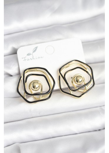Erb Pirinç Gold Renk Siyah Mineli Geometrik Gül Model Kadın Küpe