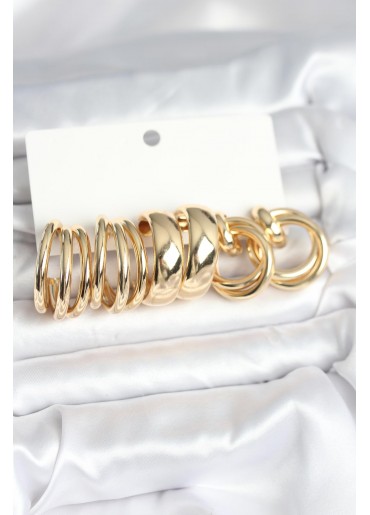 Erb Pirinç Gold Renk 3 Çift Vintage Kadın Küpe Seti