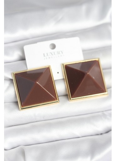 Erb Pirinç Gold Renk Kahverengi Piramit Model Kadın Küpe