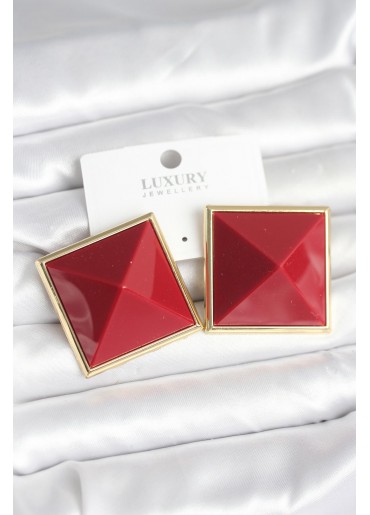 Erb Pirinç Gold Renk Bordo Piramit Model Kadın Küpe