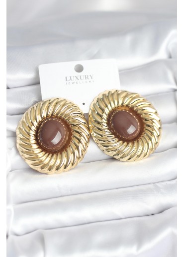 Erb Pirinç Gold Renk Kahverengi Boncuklu Vintage Kadın Küpe