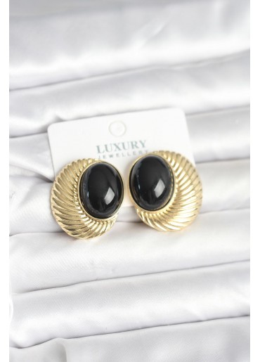 Erb Pirinç Gold Renk Siyah Boncuklu Oval Vintage Kadın Küpe