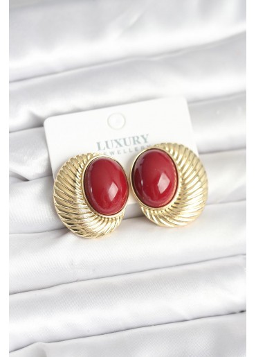Erb Pirinç Gold Renk Bordo Boncuklu Oval Vintage Kadın Küpe