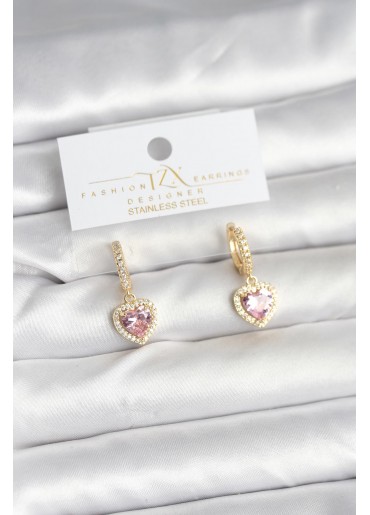 Erb Pirinç Gold Pembe Renk Zirkon Taşlı Kalp Model Kadın Küpe