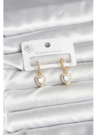 Erb Pirinç Gold Renk Zirkon Taşlı Kalp Model Kadın Küpe