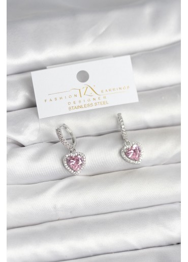 Erb Pirinç Gümüş Pembe Renk Zirkon Taşlı Kalp Model Kadın Küpe