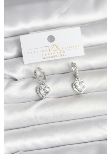 Erb Pirinç Gümüş Renk Zirkon Taşlı Kalp Model Kadın Küpe
