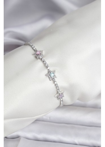 Erb Renkli Yıldız Model Zirkon Taşlı Gümüş Renk Pirinç Su Yolu Kadın Bileklik