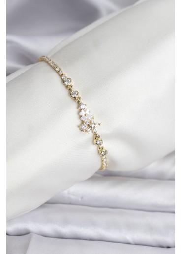 Erb Çiçekli Model Zirkon Taşlı Gold Renk Su Yolu Kadın Bileklik