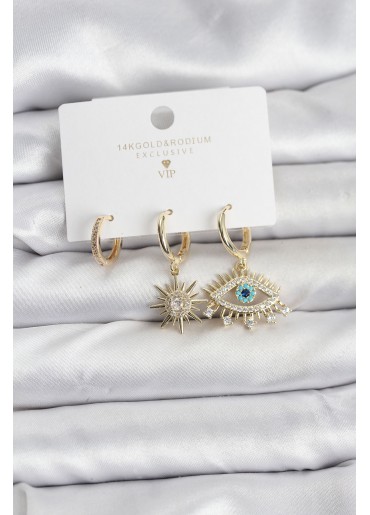 Erb Göz Model Gold Renk Pirinç 3\'lü Kadın Küpe Seti