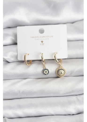 Erb Nazar Model Gold Renk Pirinç 3\'lü Kadın Küpe Seti