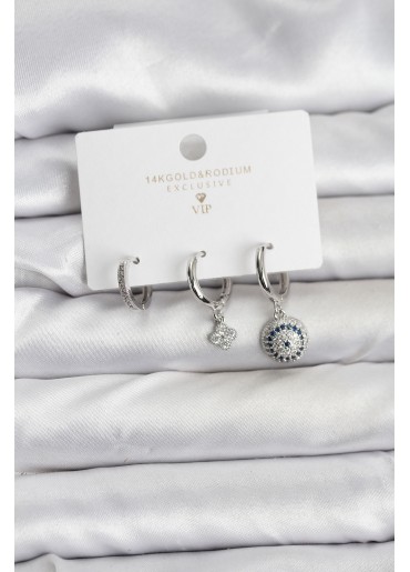 Erb Nazar Model Gümüş Renk Pirinç 3\'lü Kadın Küpe Seti