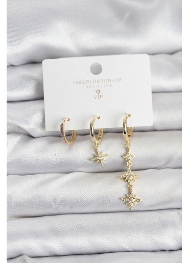 Erb Kutup Yıldızı Model Gold Renk Pirinç 3\'lü Kadın Küpe Seti