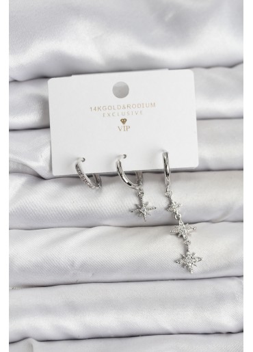 Erb Kutup Yıldızı Model Gümüş Renk Pirinç 3\'lü Kadın Küpe Seti