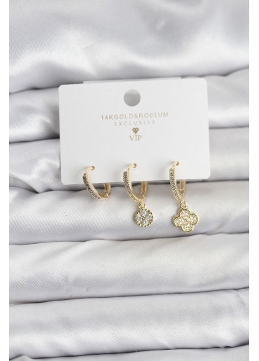 Erb Pirinç Gold Renk Yonca Model 3\'lü Kadın Küpe Seti