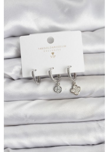 Erb Pirinç Gümüş Renk Yonca Model 3\'lü Kadın Küpe Seti