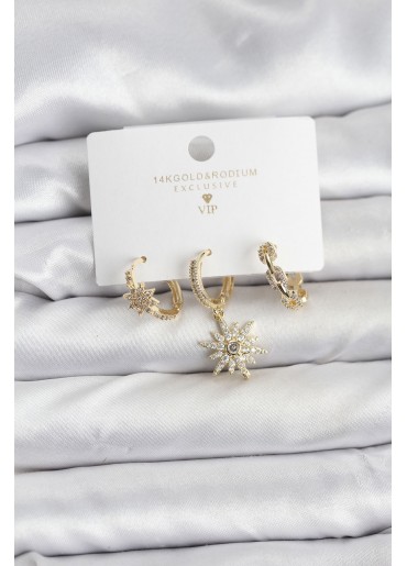 Erb Pirinç Gold Renk Kutup Yıldızı Model 3\'lü Kadın Küpe Seti