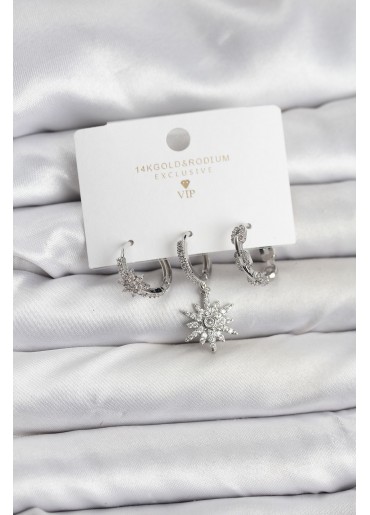 Erb Pirinç Gümüş Renk Kutup Yıldızı Model 3\'lü Kadın Küpe Seti