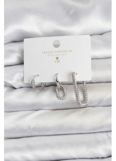 Erb Gümüş Renk Zirkon Taşlı 3\'lü Kadın Küpe Seti