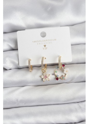 Erb Çiçek Model Gold Renk Pirinç 3\'lü Kadın Küpe Seti