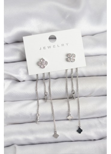 Erb Pirinç Gümüş Renk Yonca Model Sallantılı Kadın Küpe