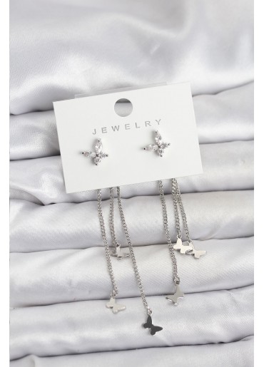 Erb Kelebek Model Gümüş Renk Pirinç Sallantılı Kadın Küpe