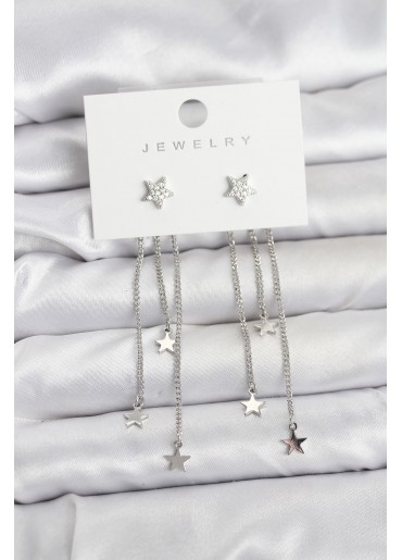 Erb Yıldız Model Gümüş Renk Pirinç Sallantılı Kadın Küpe