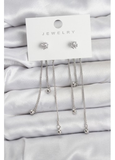 Erb Topçuk Model Gümüş Renk Pirinç Sallantılı Kadın Küpe Seti