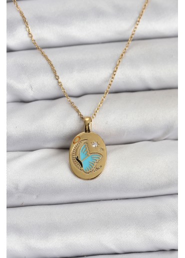 Erb 316L Çelik Zincir Gold Renk Kelebek Figür Kadın Kolye