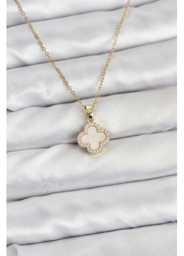 Erb 316L Çelik Zincir Gold Renk Sedefli Yonca Kadın Kolye