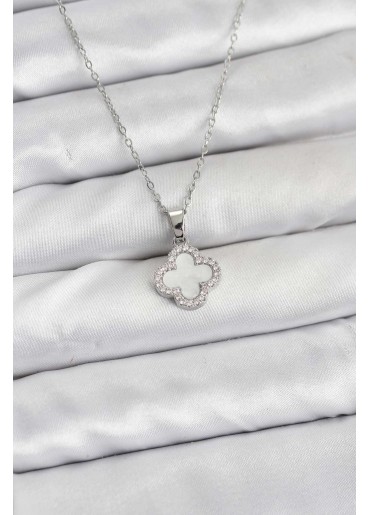 Erb 316L Çelik Zincir Gümüş Renk Sedefli Yonca Kadın Kolye