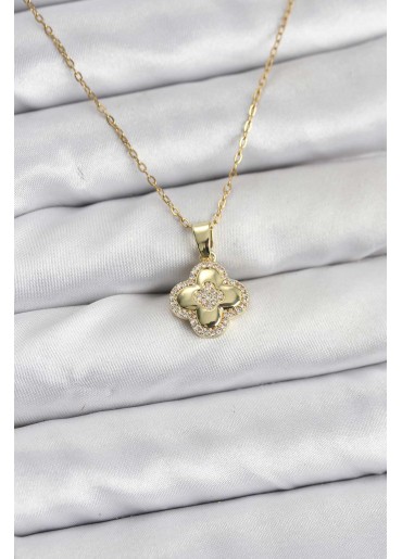 Erb 316L Çelik Zincir Gold Renk Zirkon Taşlı Yonca Model Kadın Kolye