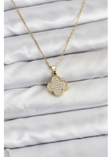 Erb 316L Çelik Zincir Gold Renk Zirkon Taşlı Yonca Model Kadın Kolye