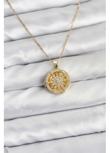 Erb 316L Çelik Zincir Gold Renk Kutup Yıldızı Kapaklı Model Kadın Kolye